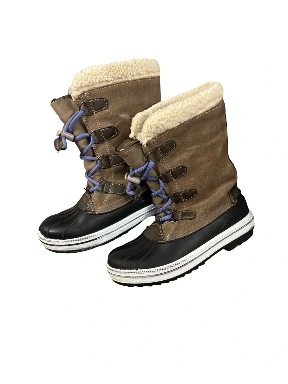 Kids Brown Suede & Black Waterproof Snow Boots with Cream Sherpa Lining Size 2